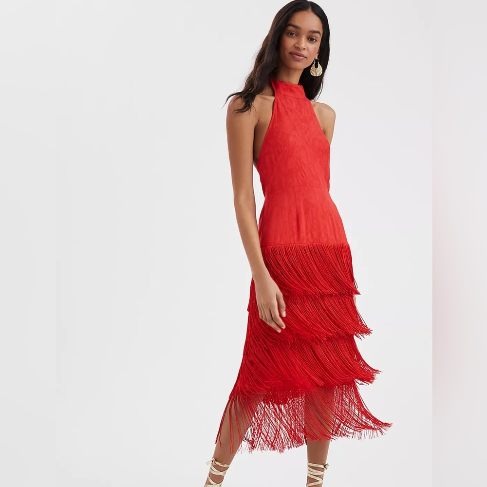 Anthropologie Solid Fringe Halter Mazi Dress